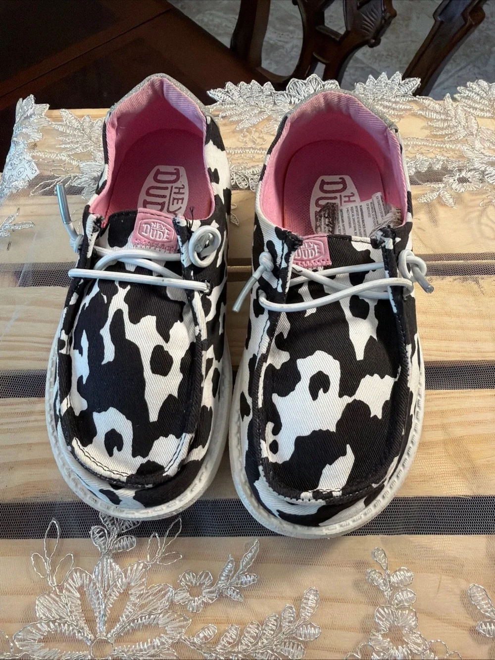 Hey Dude Kids Wally Cow-Print Moccasins in Black, White & Pink